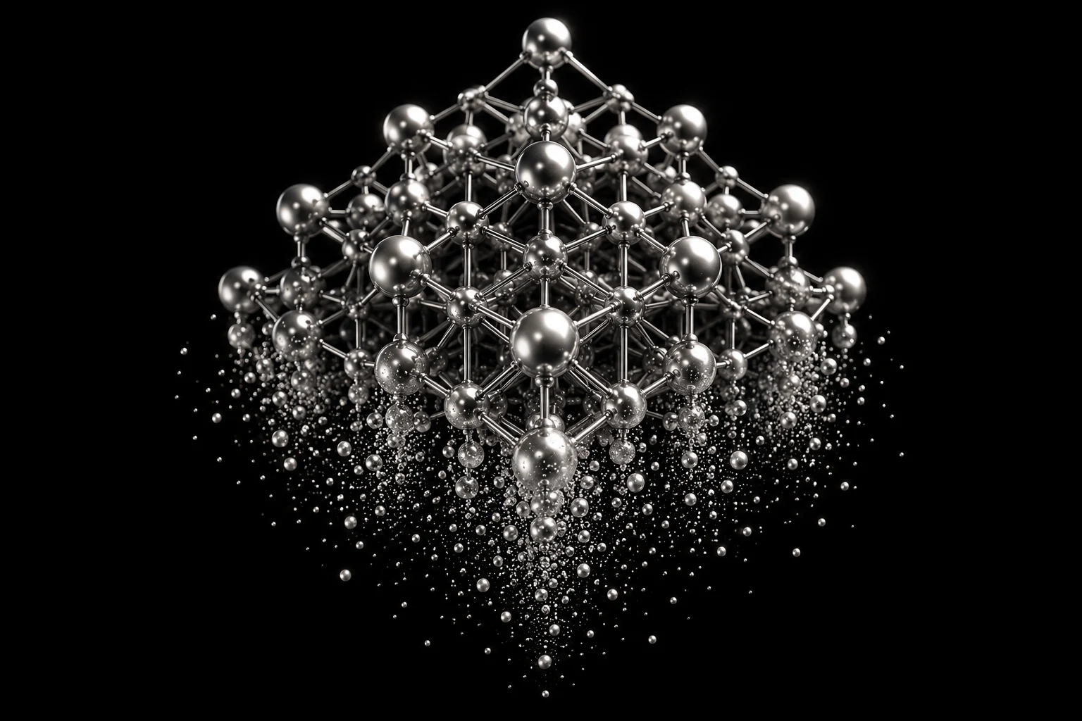 Concept artwork of a suspended chrome lattice dissolving into a silver particle field.