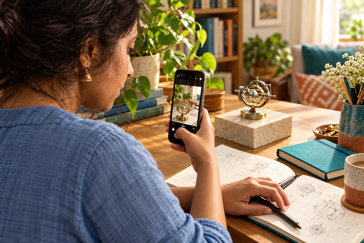 Concept scene of a researcher photographing her prototype beside a journal in her home workspace.