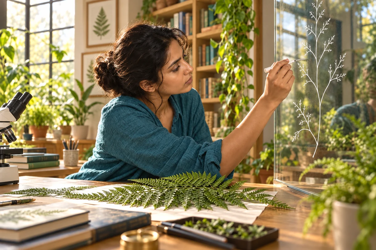Concept scene of a researcher exploring fern patterns in a sunlit botanical studio.