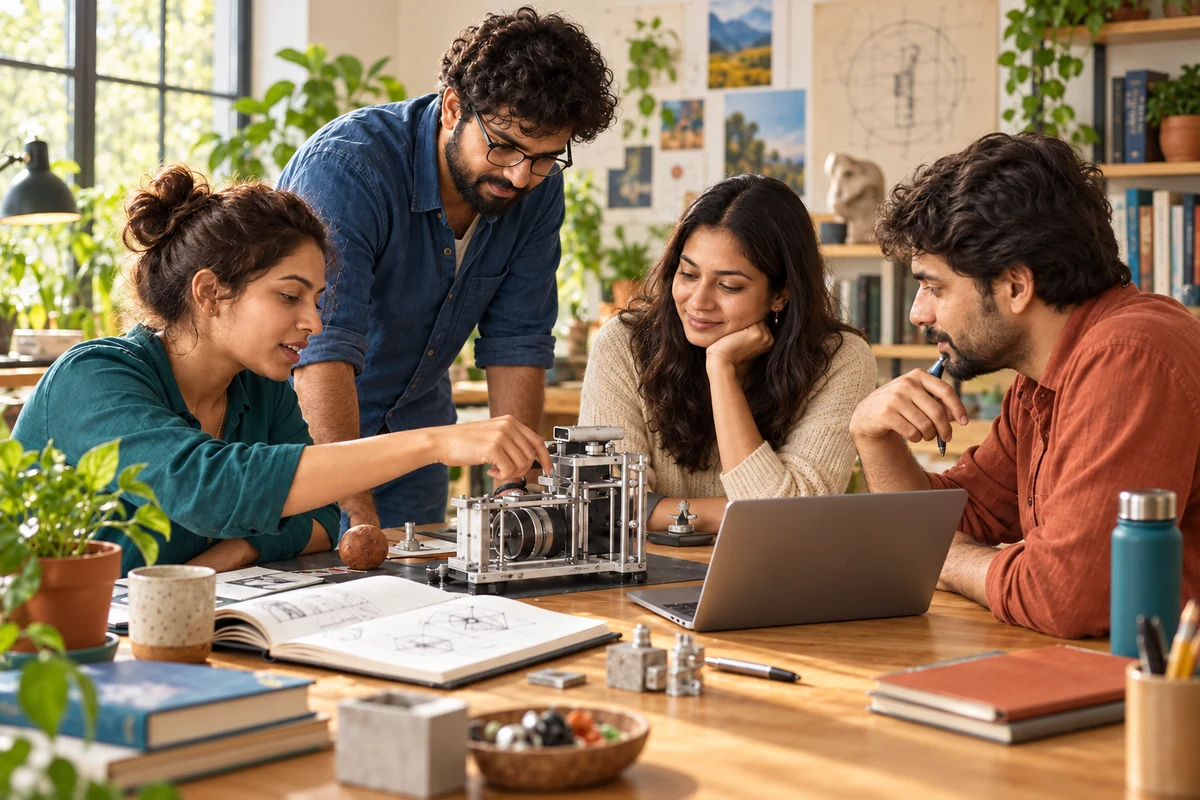 Concept scene of four collaborators discussing a prototype in a colorful shared research studio.