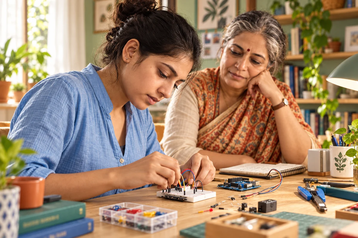 Concept scene of a learner and mentor assembling electronics at a bright home workbench.